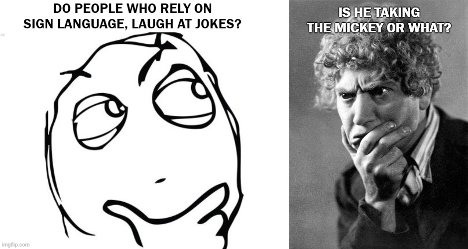 Harpo | IS HE TAKING THE MICKEY OR WHAT? DO PEOPLE WHO RELY ON SIGN LANGUAGE, LAUGH AT JOKES? | image tagged in memes,question rage face,sign language | made w/ Imgflip meme maker