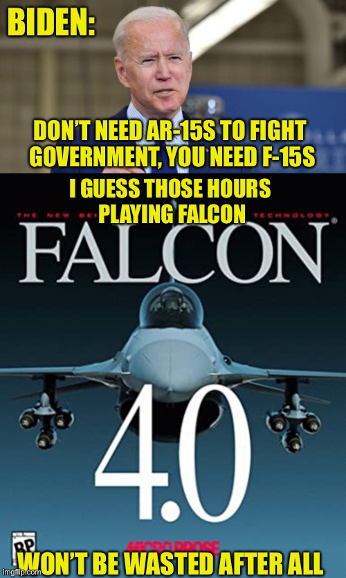 Biden’s Second Amendment | BIDEN:; DON’T NEED AR-15S TO FIGHT 
GOVERNMENT, YOU NEED F-15S; I GUESS THOSE HOURS 
PLAYING FALCON; WON’T BE WASTED AFTER ALL | image tagged in biden,second amendment,f15,ar15,falcon,flight sim | made w/ Imgflip meme maker