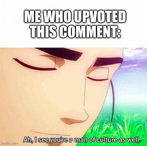 Ah,I see you are a man of culture as well | ME WHO UPVOTED THIS COMMENT: | image tagged in ah i see you are a man of culture as well | made w/ Imgflip meme maker