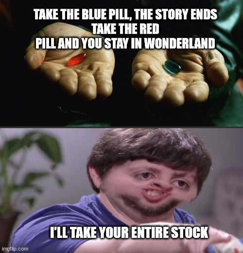 the other option | TAKE THE BLUE PILL, THE STORY ENDS
TAKE THE RED PILL AND YOU STAY IN WONDERLAND; I'LL TAKE YOUR ENTIRE STOCK | image tagged in red pill blue pill | made w/ Imgflip meme maker