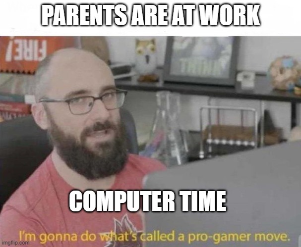 Pro Gamer move | PARENTS ARE AT WORK; COMPUTER TIME | image tagged in pro gamer move | made w/ Imgflip meme maker