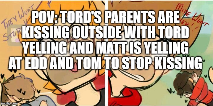 THEY WON'T STOP KISSING | POV: TORD'S PARENTS ARE KISSING OUTSIDE WITH TORD YELLING AND MATT IS YELLING AT EDD AND TOM TO STOP KISSING | image tagged in they won't stop kissing | made w/ Imgflip meme maker