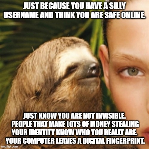 You are wide open. |  JUST BECAUSE YOU HAVE A SILLY USERNAME AND THINK YOU ARE SAFE ONLINE. JUST KNOW YOU ARE NOT INVISIBLE.  PEOPLE THAT MAKE LOTS OF MONEY STEALING YOUR IDENTITY KNOW WHO YOU REALLY ARE.  YOUR COMPUTER LEAVES A DIGITAL FINGERPRINT. | image tagged in memes,whisper sloth | made w/ Imgflip meme maker