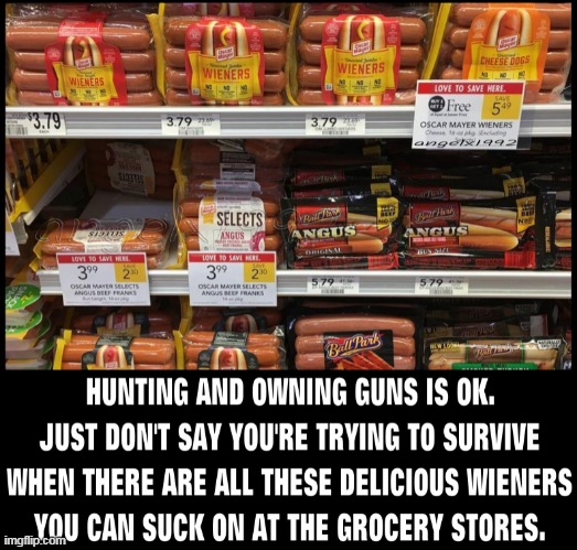 image tagged in wiener,hotdogs,hunting,gun rights,gun reform,gun laws | made w/ Imgflip meme maker