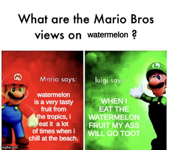 Luigi's review is relatable ngl. | watermelon; watermelon is a very tasty fruit from the tropics, i eat it  a lot of times when i chill at the beach. WHEN I EAT THE WATERMELON FRUIT MY ASS WILL GO TOOT | image tagged in mario bros views,memes,funny,super mario,watermelon,too many tags | made w/ Imgflip meme maker