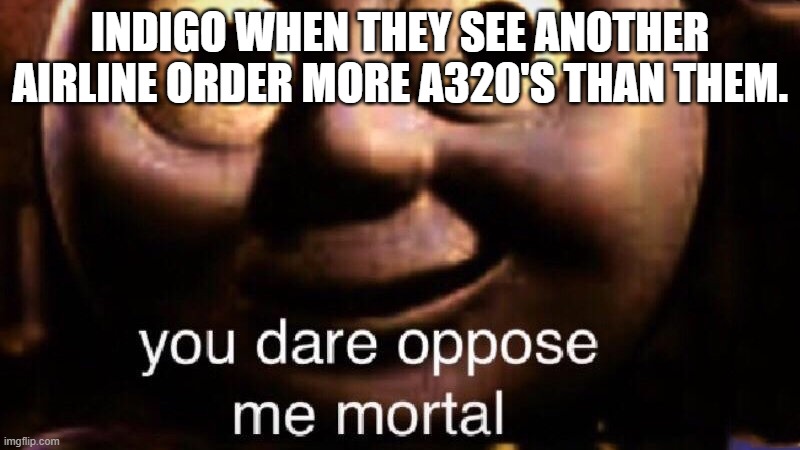 You dare oppose me mortal | INDIGO WHEN THEY SEE ANOTHER AIRLINE ORDER MORE A320'S THAN THEM. | image tagged in you dare oppose me mortal | made w/ Imgflip meme maker