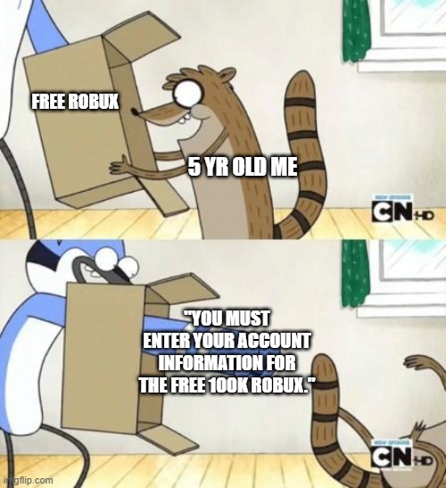 true |  FREE ROBUX; 5 YR OLD ME; "YOU MUST ENTER YOUR ACCOUNT INFORMATION FOR THE FREE 100K ROBUX." | image tagged in mordecai punches rigby through a box | made w/ Imgflip meme maker