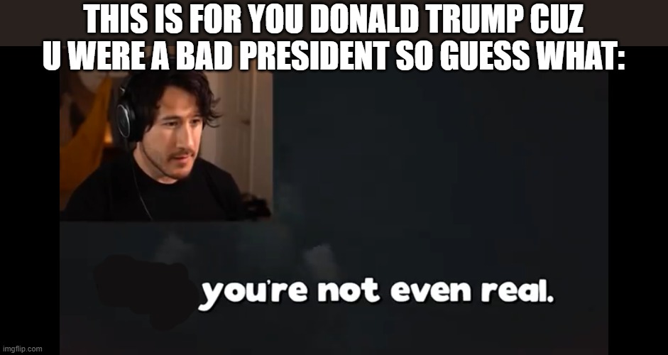 That's just what i thought of donald trump being our president at the time | THIS IS FOR YOU DONALD TRUMP CUZ U WERE A BAD PRESIDENT SO GUESS WHAT: | image tagged in markiplier well you re not even real,markiplier,memes,donald trump,savage memes,politics | made w/ Imgflip meme maker