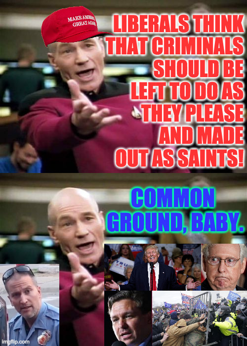 LIBERALS THINK
THAT CRIMINALS
SHOULD BE
LEFT TO DO AS
THEY PLEASE
AND MADE
OUT AS SAINTS! COMMON       
GROUND, BABY. | image tagged in memes,picard wtf | made w/ Imgflip meme maker