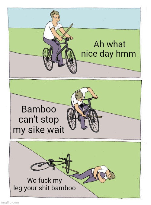 Bike fall | Ah what nice day hmm; Bamboo can't stop my sike wait; Wo fuck my leg your shit bamboo | image tagged in memes,bike fall,not good | made w/ Imgflip meme maker