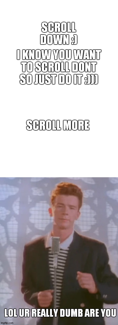 scroll down boy :) | SCROLL DOWN :); I KNOW YOU WANT TO SCROLL DONT SO JUST DO IT :))); SCROLL MORE; LOL UR REALLY DUMB ARE YOU | image tagged in blank white template | made w/ Imgflip meme maker