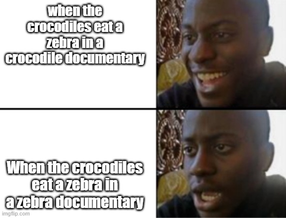 Oh yeah! Oh no... | when the crocodiles eat a zebra in a crocodile documentary; When the crocodiles eat a zebra in a zebra documentary | image tagged in oh yeah oh no | made w/ Imgflip meme maker
