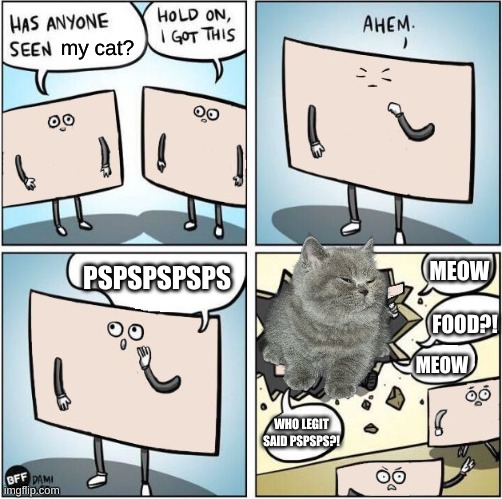 wouldn't the ocean be a soup since it has meat, vegetables and salt in it? | my cat? MEOW; PSPSPSPSPS; FOOD?! MEOW; WHO LEGIT SAID PSPSPS?! | image tagged in has anyone seen template,cat,pspspspsp | made w/ Imgflip meme maker
