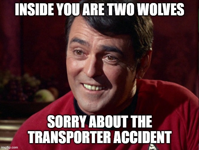 Two wolves | INSIDE YOU ARE TWO WOLVES; SORRY ABOUT THE TRANSPORTER ACCIDENT | image tagged in star trek,two wolves,mr scott | made w/ Imgflip meme maker