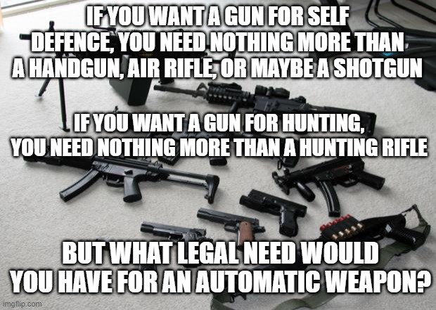 guns | IF YOU WANT A GUN FOR SELF DEFENCE, YOU NEED NOTHING MORE THAN A HANDGUN, AIR RIFLE, OR MAYBE A SHOTGUN; IF YOU WANT A GUN FOR HUNTING, YOU NEED NOTHING MORE THAN A HUNTING RIFLE; BUT WHAT LEGAL NEED WOULD YOU HAVE FOR AN AUTOMATIC WEAPON? | image tagged in guns | made w/ Imgflip meme maker