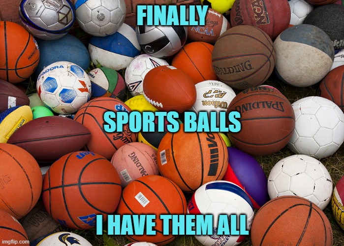 balls | FINALLY; SPORTS BALLS; I HAVE THEM ALL | image tagged in sports balls | made w/ Imgflip meme maker