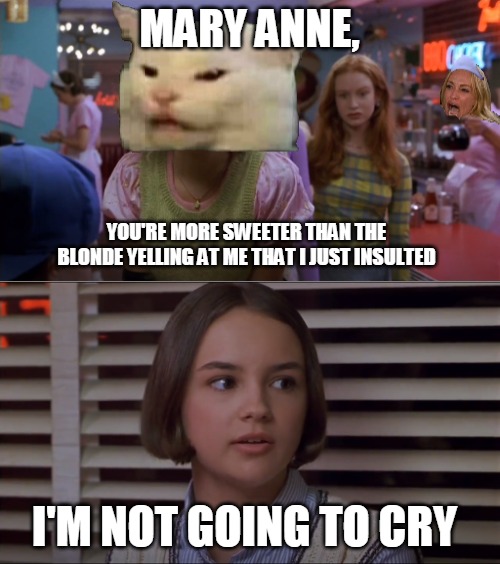 Cokie Talks to Mary Anne | MARY ANNE, YOU'RE MORE SWEETER THAN THE BLONDE YELLING AT ME THAT I JUST INSULTED; I'M NOT GOING TO CRY | image tagged in cokie talks to mary anne,memes,smudge the cat,smudge | made w/ Imgflip meme maker