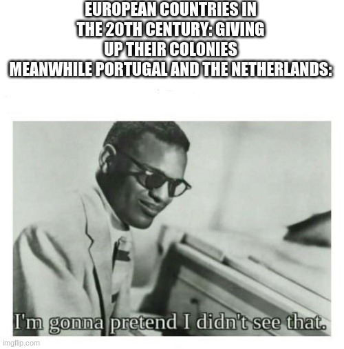 They were kinda unfriendly ngl |  EUROPEAN COUNTRIES IN THE 20TH CENTURY: GIVING UP THEIR COLONIES
MEANWHILE PORTUGAL AND THE NETHERLANDS: | image tagged in i'm gonna pretend i didn't see that,memes,history memes,holland,portugal,colonialism | made w/ Imgflip meme maker
