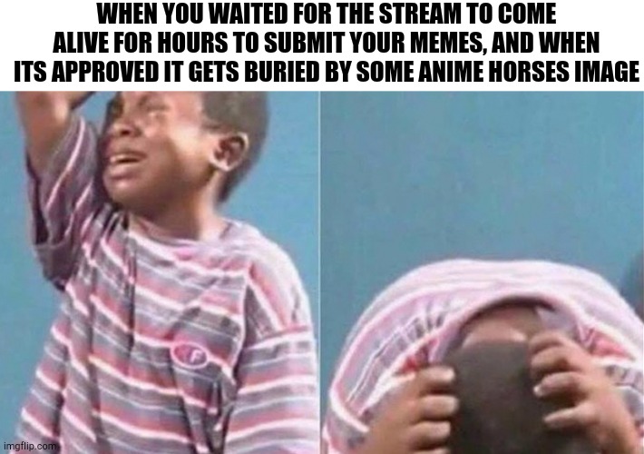 Crying black kid | WHEN YOU WAITED FOR THE STREAM TO COME ALIVE FOR HOURS TO SUBMIT YOUR MEMES, AND WHEN ITS APPROVED IT GETS BURIED BY SOME ANIME HORSES IMAGE | image tagged in crying black kid | made w/ Imgflip meme maker