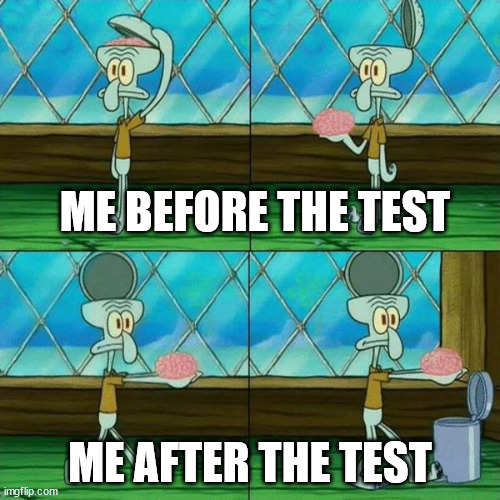 Squidward Brain Trashcan | ME BEFORE THE TEST; ME AFTER THE TEST | image tagged in squidward brain trashcan | made w/ Imgflip meme maker