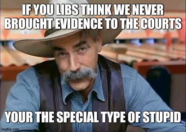 Of course we have, but they just throw it in the trash quickly | IF YOU LIBS THINK WE NEVER BROUGHT EVIDENCE TO THE COURTS; YOUR THE SPECIAL TYPE OF STUPID | image tagged in sam elliott special kind of stupid,court,election | made w/ Imgflip meme maker