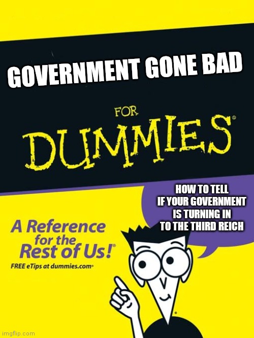 For dummies book | GOVERNMENT GONE BAD; HOW TO TELL IF YOUR GOVERNMENT IS TURNING IN TO THE THIRD REICH | image tagged in for dummies book | made w/ Imgflip meme maker