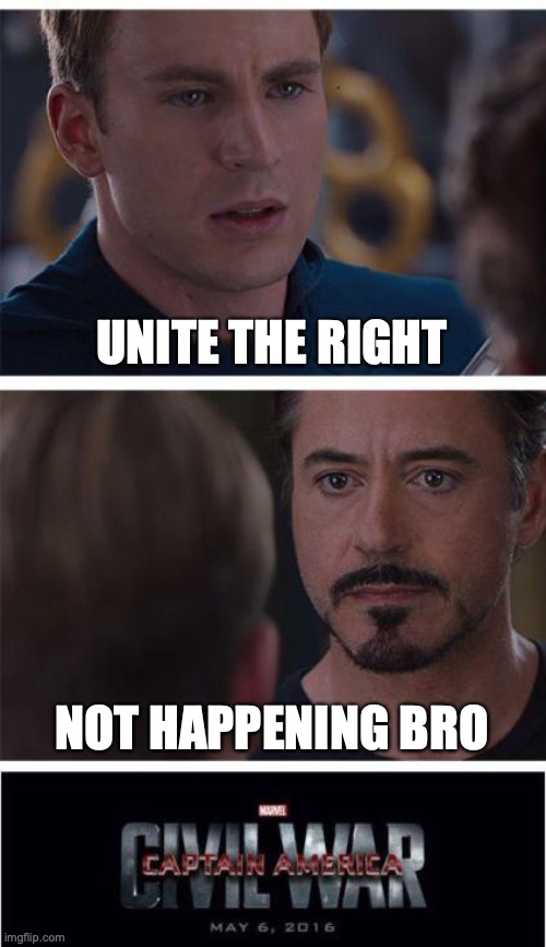 Marvel Civil War 1 | UNITE THE RIGHT; NOT HAPPENING BRO | image tagged in memes,marvel civil war 1 | made w/ Imgflip meme maker