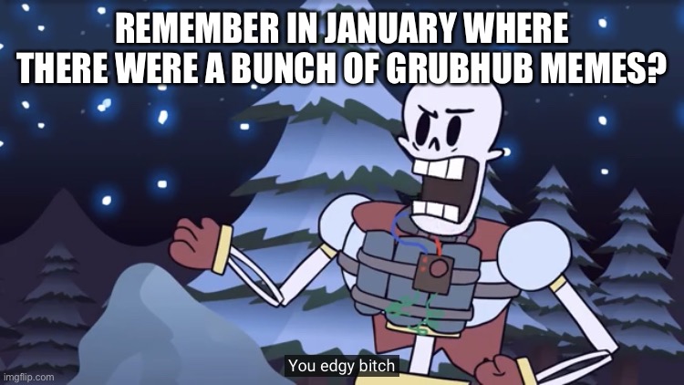 You Edgy Bitch | REMEMBER IN JANUARY WHERE THERE WERE A BUNCH OF GRUBHUB MEMES? | image tagged in you edgy bitch | made w/ Imgflip meme maker