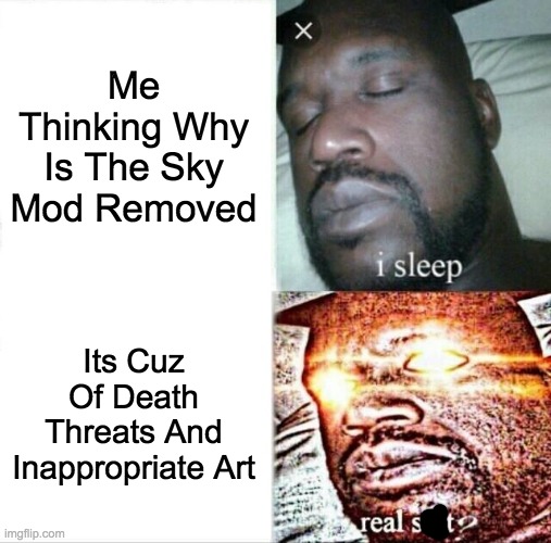 Sleeping Shaq | Me Thinking Why Is The Sky Mod Removed; Its Cuz Of Death Threats And Inappropriate Art | image tagged in memes,sleeping shaq | made w/ Imgflip meme maker