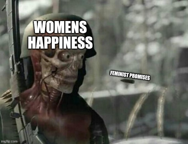 Reality... | womens happiness; feminist promises | image tagged in feminists,feminist,feminism,cultists,hypocrites,hello mod thats going to impose his sjw agenda | made w/ Imgflip meme maker
