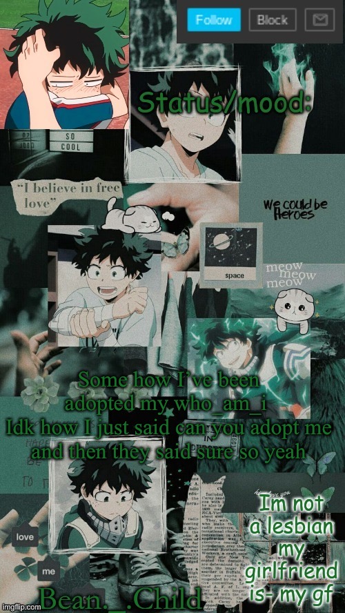 Some how I’ve been adopted my who_am_i 
Idk how I just said can you adopt me and then they said sure so yeah | image tagged in bean deku temp | made w/ Imgflip meme maker