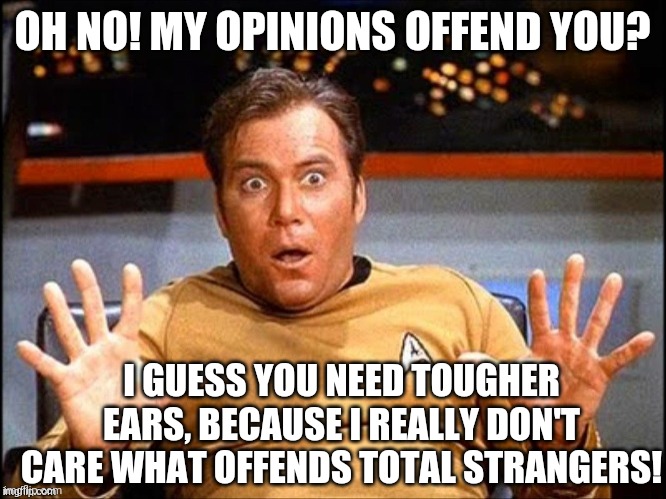 You tell em Kirk! | OH NO! MY OPINIONS OFFEND YOU? I GUESS YOU NEED TOUGHER EARS, BECAUSE I REALLY DON'T CARE WHAT OFFENDS TOTAL STRANGERS! | image tagged in offended william shatner | made w/ Imgflip meme maker