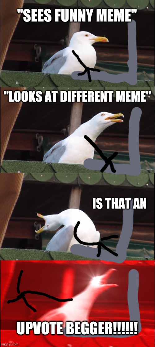 Inhaling Seagull Meme | "SEES FUNNY MEME"; "LOOKS AT DIFFERENT MEME"; IS THAT AN; UPVOTE BEGGER!!!!!! | image tagged in memes,inhaling seagull | made w/ Imgflip meme maker