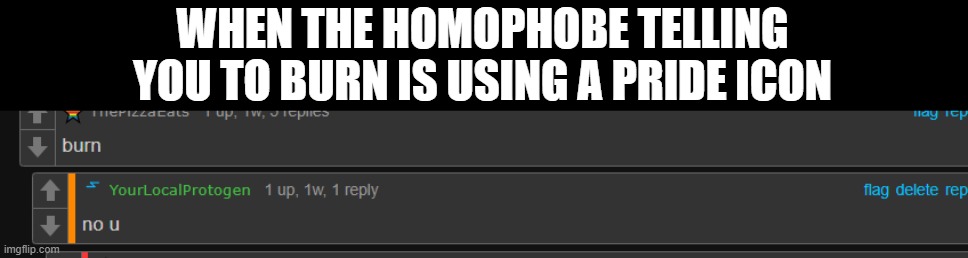 lol they're so clueless | WHEN THE HOMOPHOBE TELLING YOU TO BURN IS USING A PRIDE ICON | image tagged in homophobe,stupid,pride,lgbtq | made w/ Imgflip meme maker