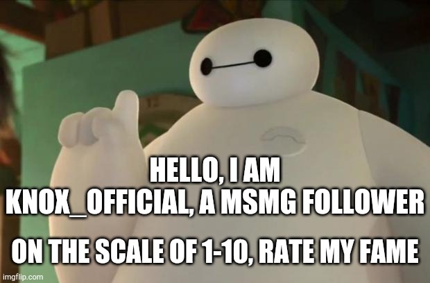 Baymax | HELLO, I AM KNOX_OFFICIAL, A MSMG FOLLOWER; ON THE SCALE OF 1-10, RATE MY FAME | image tagged in baymax | made w/ Imgflip meme maker