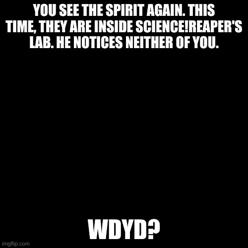 Blank black  template | YOU SEE THE SPIRIT AGAIN. THIS TIME, THEY ARE INSIDE SCIENCE!REAPER'S LAB. HE NOTICES NEITHER OF YOU. WDYD? | image tagged in blank black template | made w/ Imgflip meme maker