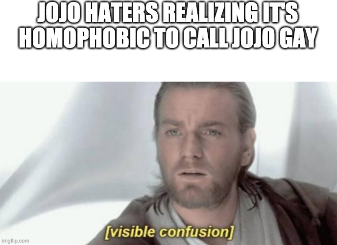 Visible Confusion | JOJO HATERS REALIZING IT'S HOMOPHOBIC TO CALL JOJO GAY | image tagged in visible confusion | made w/ Imgflip meme maker