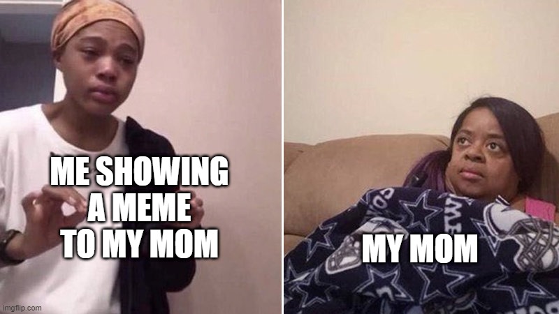 Me showing memes | ME SHOWING A MEME TO MY MOM; MY MOM | image tagged in me explaining to my mom | made w/ Imgflip meme maker