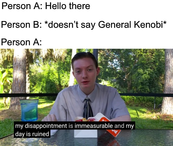 I’m with Person A on this one | Person A: Hello there; Person B: *doesn’t say General Kenobi*; Person A: | image tagged in my disappointment is immeasurable,memes | made w/ Imgflip meme maker