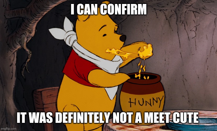 Fapp Fodder | I CAN CONFIRM; IT WAS DEFINITELY NOT A MEET CUTE | image tagged in winnie the pooh honey,it's over anakin i have the high ground | made w/ Imgflip meme maker