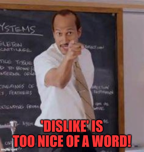 Substitute Teacher(You Done Messed Up A A Ron) | 'DISLIKE' IS TOO NICE OF A WORD! | image tagged in substitute teacher you done messed up a a ron | made w/ Imgflip meme maker