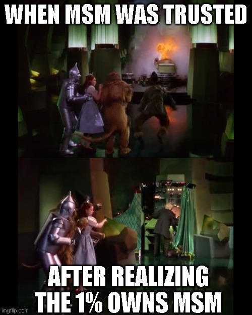 MSM exposed | WHEN MSM WAS TRUSTED; AFTER REALIZING THE 1% OWNS MSM | image tagged in wizard of oz | made w/ Imgflip meme maker
