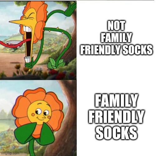 Cuphead Flower | NOT FAMILY FRIENDLY SOCKS; FAMILY FRIENDLY SOCKS | image tagged in cuphead flower | made w/ Imgflip meme maker