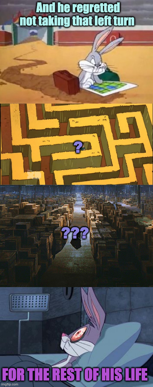 Lost and Confused |  And he regretted not taking that left turn; ? ??? FOR THE REST OF HIS LIFE | image tagged in bugs lost,lost in a corn maze,raiders of the lost ark warehouse,bugs bunny can't sleep | made w/ Imgflip meme maker