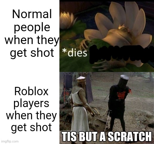 Roblox physics | Normal people when they get shot; Roblox players when they get shot | image tagged in blank white template,memes,dies from cringe,tis but a scratch | made w/ Imgflip meme maker