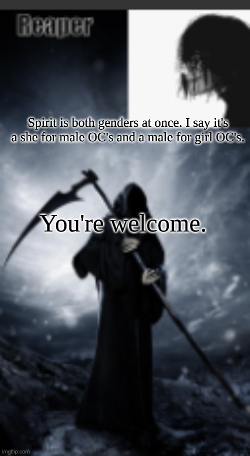 chaos's old announcement template | Spirit is both genders at once. I say it's a she for male OC's and a male for girl OC's. You're welcome. | image tagged in chaos's new announcement template | made w/ Imgflip meme maker