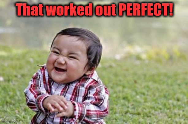 Evil Toddler Meme | That worked out PERFECT! | image tagged in memes,evil toddler | made w/ Imgflip meme maker