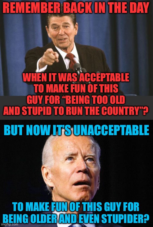 The difference is one was Republican, and one is Democrat | REMEMBER BACK IN THE DAY; WHEN IT WAS ACCEPTABLE TO MAKE FUN OF THIS GUY FOR “BEING TOO OLD AND STUPID TO RUN THE COUNTRY”? BUT NOW IT’S UNACCEPTABLE; TO MAKE FUN OF THIS GUY FOR BEING OLDER AND EVEN STUPIDER? | image tagged in ronald reagan,joe biden,donald trump,funny,politics,democrats | made w/ Imgflip meme maker