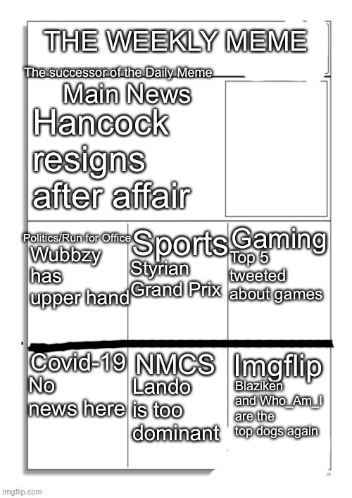 Sunday, 27th June |  Hancock resigns after affair; Wubbzy has upper hand; Top 5 tweeted about games; Styrian Grand Prix; No news here; Lando is too dominant; Blaziken and Who_Am_I are the top dogs again | image tagged in the weekly meme | made w/ Imgflip meme maker
