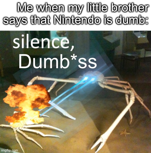 O O F | Me when my little brother says that Nintendo is dumb:; Dumb*ss | image tagged in silence crab,nintendo,kirby has found your sin unforgivable | made w/ Imgflip meme maker
